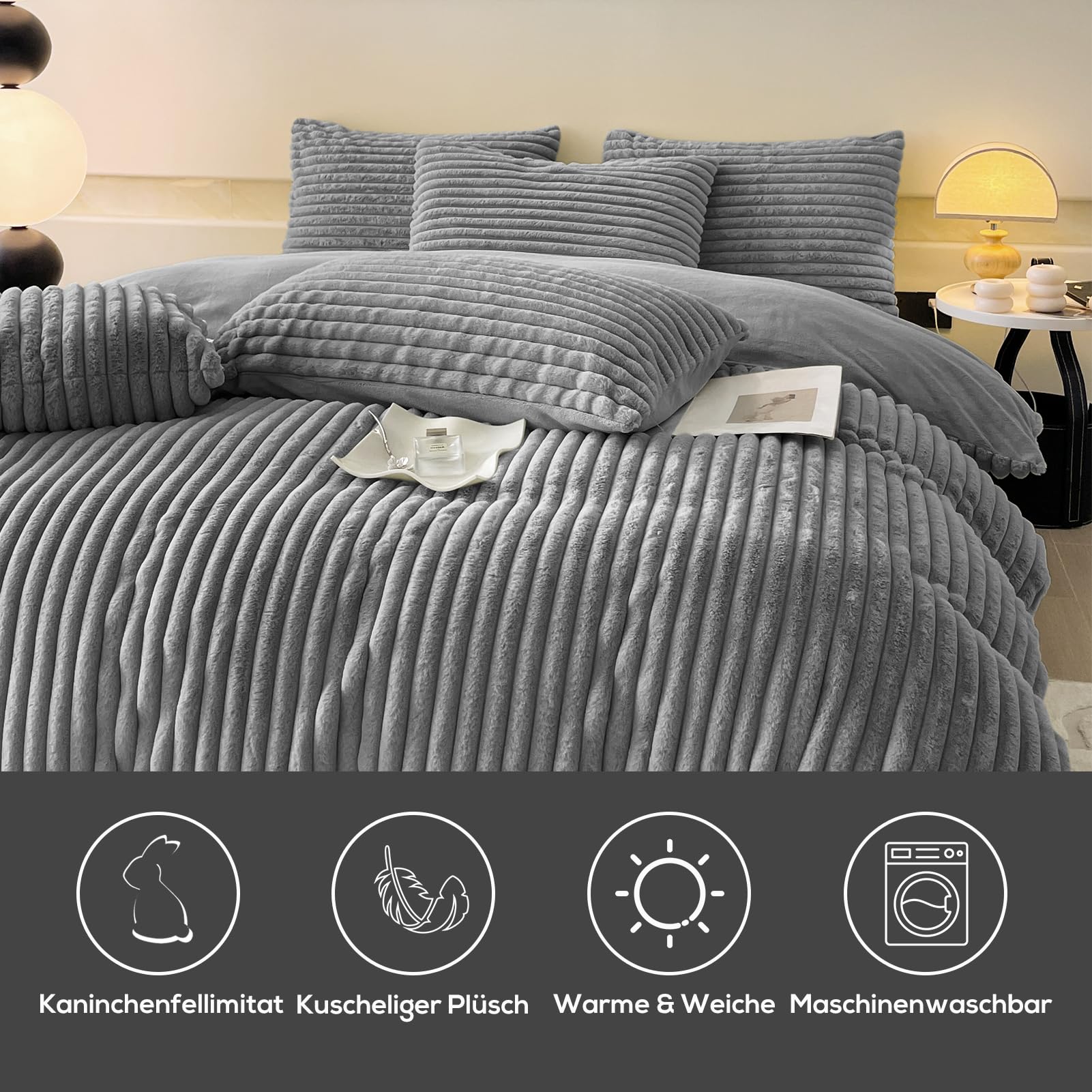 Flauschige Bettwäsche Plüsch Kuschel Fleece Flanell Kunstfell Extra Warm für Winter mit Kissenbezug 80x80 und Reißverschluss (Grau, 155x220cm + 80x80cm 2tlg)