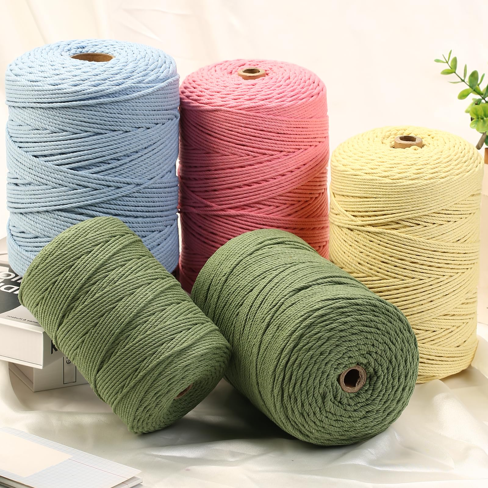 Cuerda de macramé de 4 mm x 328 yardas, cuerda de algodón natural, cuerda de macramé de colores, cuerda de algodón suave, suministros de macramé, cuerda de macramé para colgar plantas, colgar