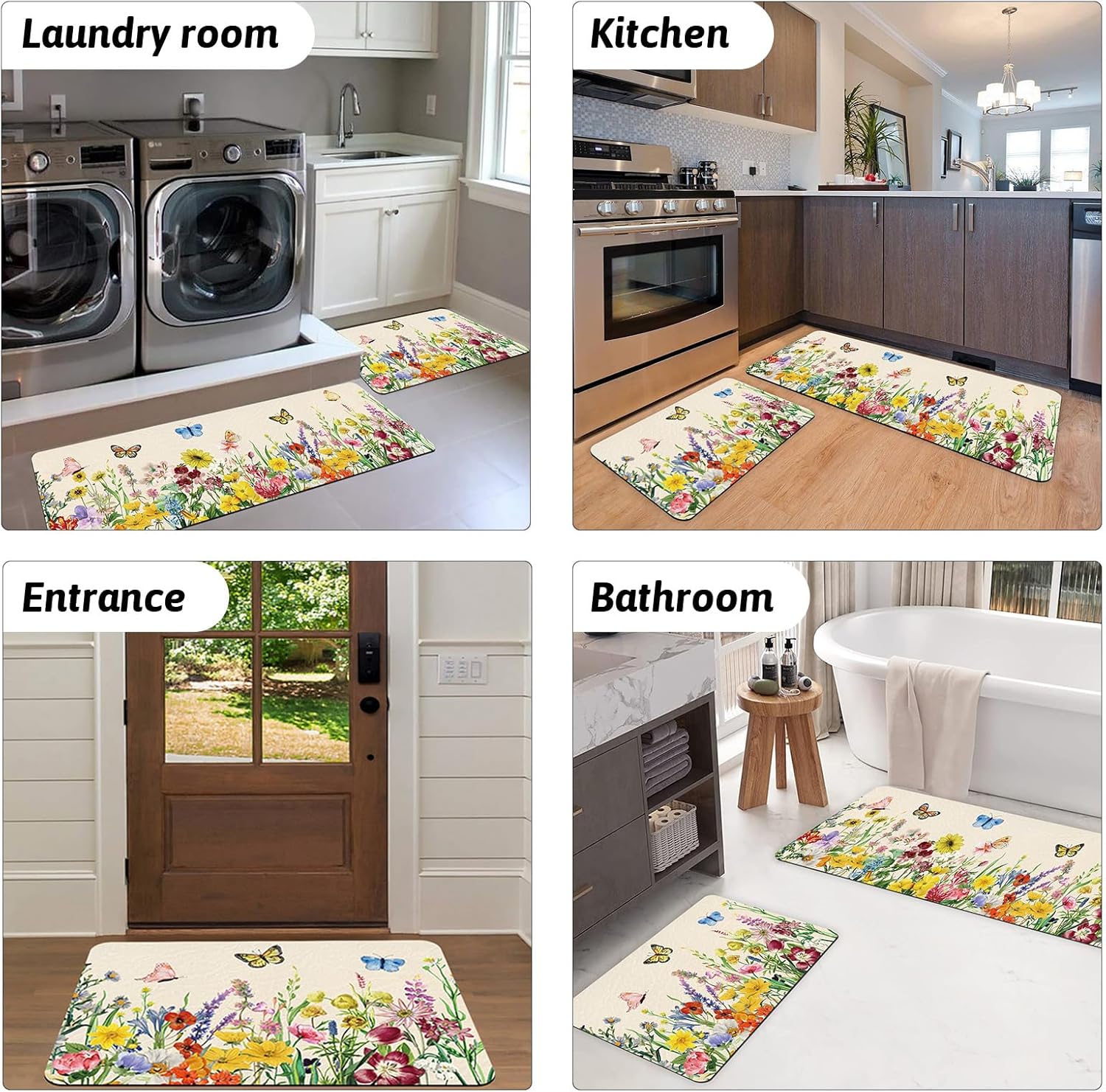 APROPHIC Flowers Butterfly Spring Kitchen Rugs Mats Set of 2, Colorful Seasonal Home Decor Leaves Low-Profile Kitchen Mats Rugs for Floor - 16x24 and 16x41 Inch