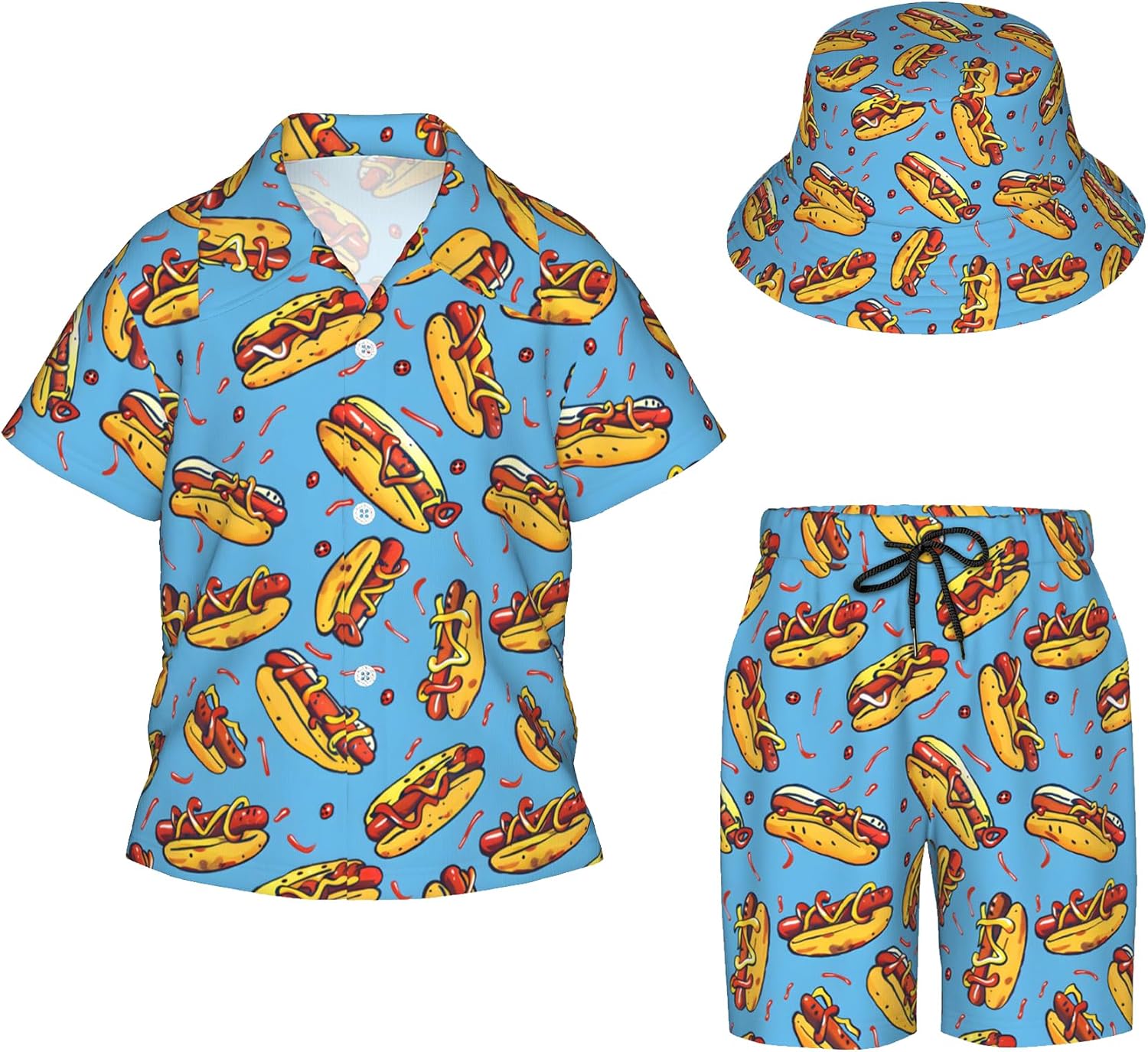 NHJMH 3 Pcs beach set Summer Button Short Sleeve Shirt, Quick Dry Youth Hawaiian Beach shirt Shorts with Bucket Hat