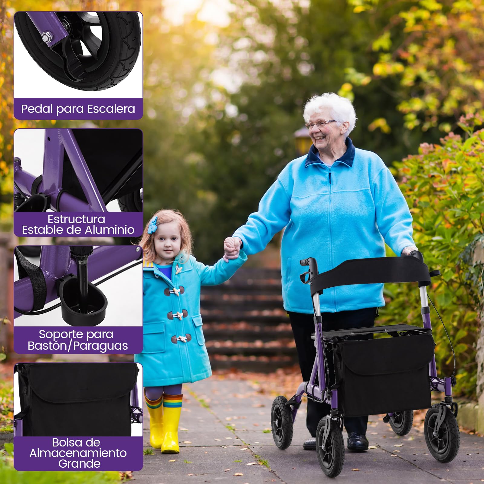 COSTWAY Andador Plegable para Ancianos con Asiento, Andadores Adultos con Ruedas Ajustable en Altura, Rueda Neumática Todo Terreno de 24 cm, Bolsa de Almacenamiento, Capacidad 160 kg (Morado)