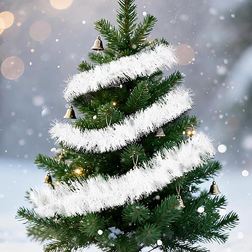 Miniatura 2 de Guirnalda de oropel de Navidad blanca de 50 pies, guirnalda metálica con copos de nieve, decoración de Navidad gruesa y brillante para árbol, manto,