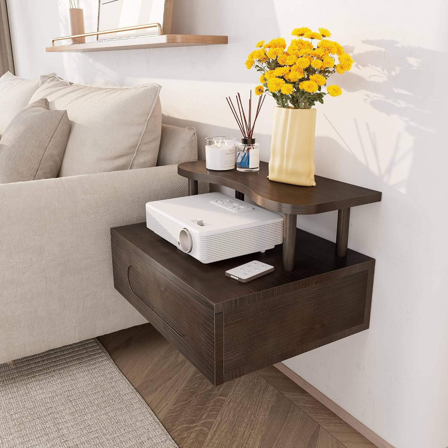 Floating Nightstand with Drawer - Brown Nightstand Floating Bedside Table, 2-Tier Wooden Bedroom Shelves for Wall, Morden Wall Mounted Nightstand for Bedroom, Bathroom, Study Room