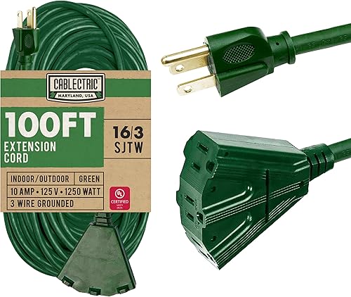Cablectric SJTW - Cable de extensión para exteriores de 3 tomas, 100 pies, cable de extensión verde resistente de 16 AWG con múltiples tomas de