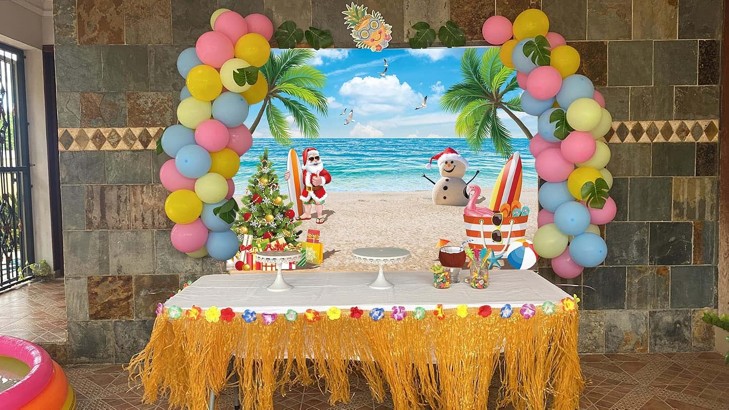 July Christmas Backdrop Banner 7X5FT Tropical Beach Christmas Photography Background Summer Hawaiian Santa Snowman Blue Sky Ocean Xmas Family Holiday Party Photo Backdrop 82x59inch