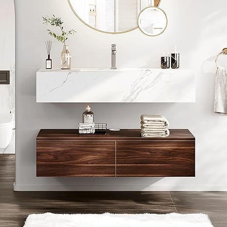 DWVO 40 Inch Bathroom Vanity with Sink, Floating Vanity Integrated Set with Sintered Stone Countertop, Wall Mounted Bathroom Storage Cabinet with Ceramic Basin Sink and 2 Drawers for Bedroom, Brown