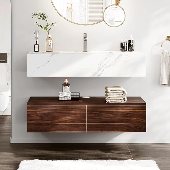 DWVO 40 Inch Bathroom Vanity with Sink, Floating Vanity Integrated Set with Sintered Stone Countertop, Wall Mounted Bathroom Storage Cabinet with Ceramic Basin Sink and 2 Drawers for Bedroom, Brown