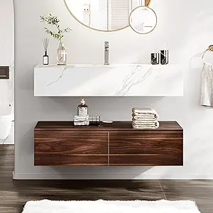 DWVO 40 Inch Bathroom Vanity with Sink, Floating Vanity Integrated Set with Sintered Stone Countertop, Wall Mounted Bathroom Storage Cabinet with Ceramic Basin Sink and 2 Drawers for Bedroom, Brown