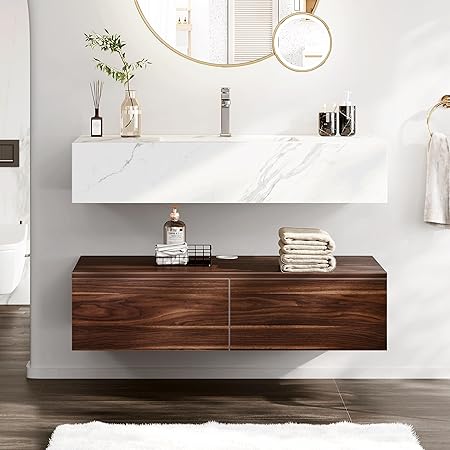 DWVO 40 Inch Bathroom Vanity with Sink, Floating Vanity Integrated Set with Sintered Stone Countertop, Wall Mounted Bathroom Storage Cabinet with Ceramic Basin Sink and 2 Drawers for Bedroom, Brown