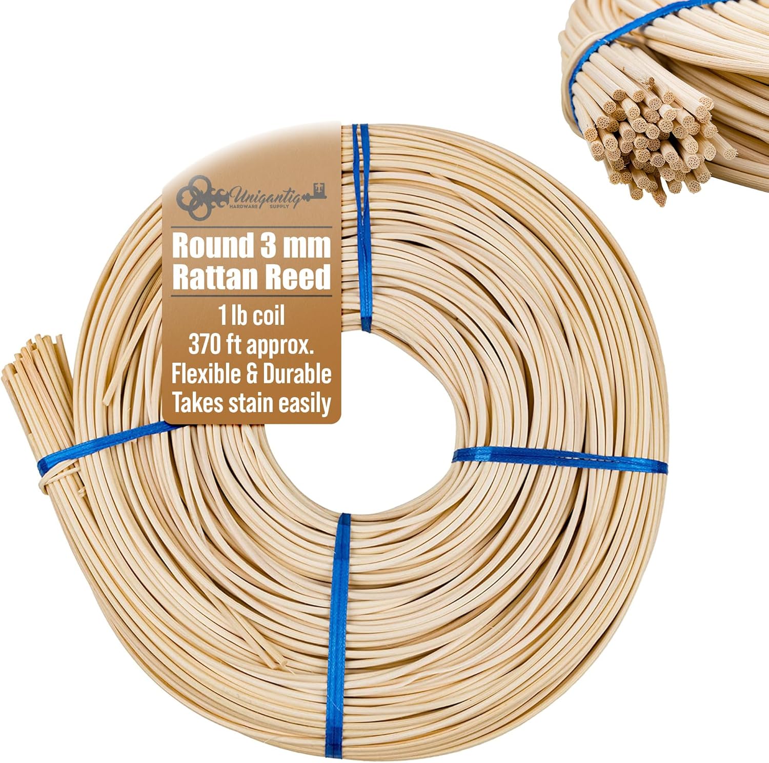 3 mm Round Rattan Reed - 1 Pound Coil - Basket Weaving, Wicker Furniture Making and Wicker Repair Supplies - UA-300RR