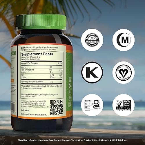 Miniatura 2 de Nutrex Hawaii Espirulina hawaiana pura  Superalimento vegano, tabletas de 500 mg, cultivado en granja en Kona, sin OMG, apoyo inmunológico y energía