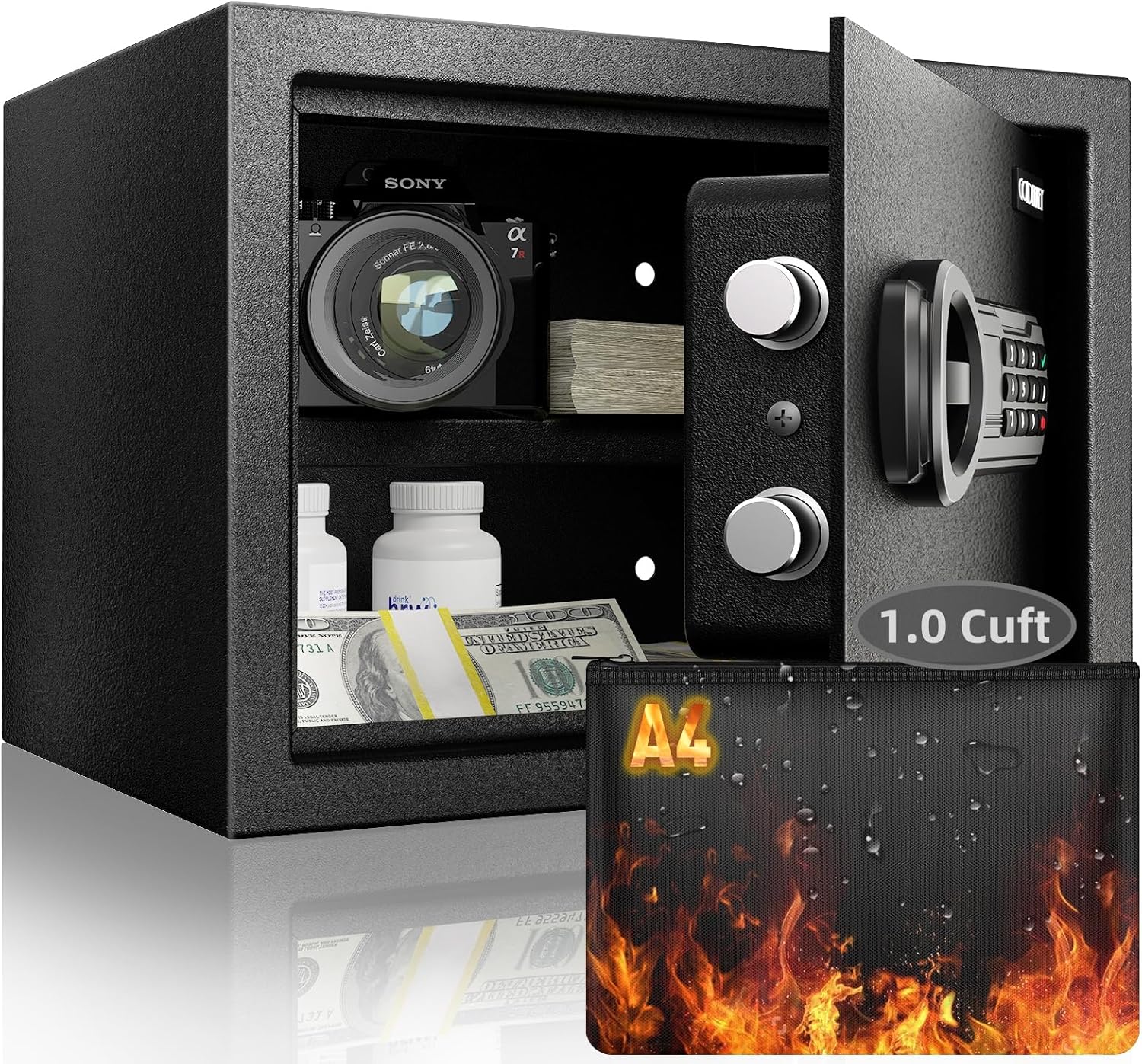 Goldenkey Digital Fireproof Safe for Home Documents, Small Safe Box with Removable Shelf for Guns and Valuables for Office, Hotel, Silent Model, Wall&Floor Mount, 9.84″D x 13.78″W x 9.84″H