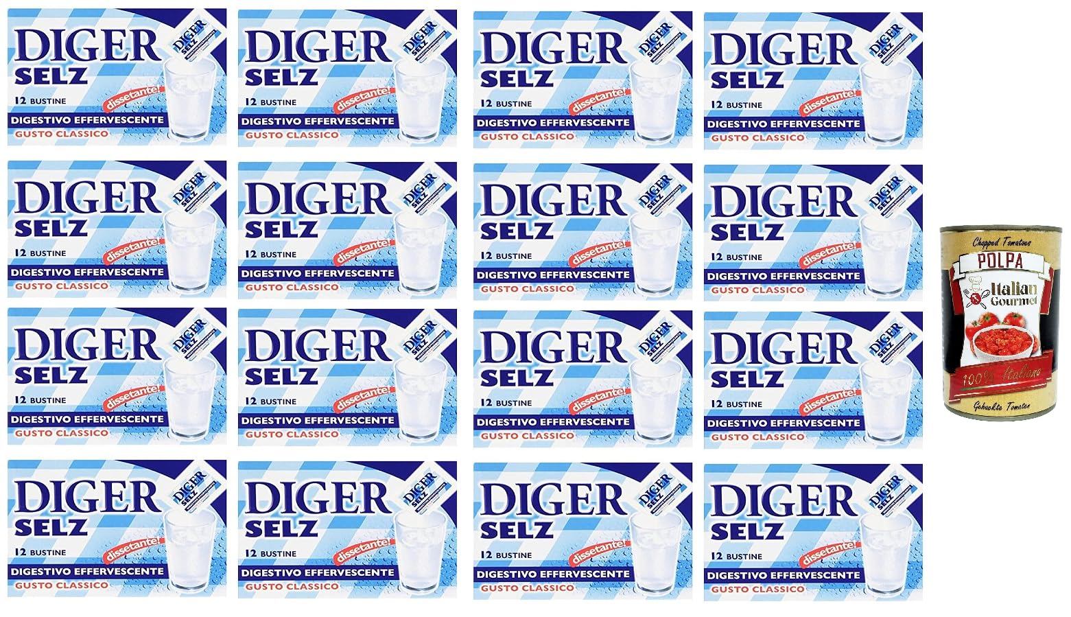 16x Diger Selz: Brauseantacida-Pulver, klassischer Geschmack+ Italian Gourmet polpa 400g