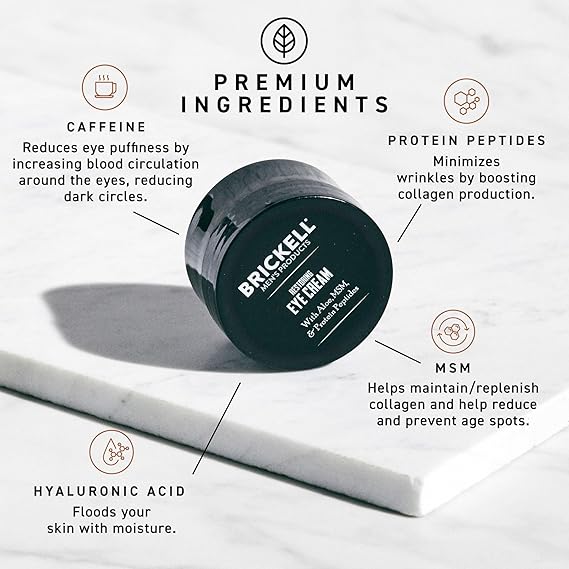 Brickell Men's Restoring Under Eye Cream for Men, Anti Aging Eye Balm To Reduce Puffiness, Wrinkles, Dark Circles, Crows Feet & Eye Bags, Caffeine, Hyaluronic Acid & Protein Peptides, 0.5oz, Unscented
