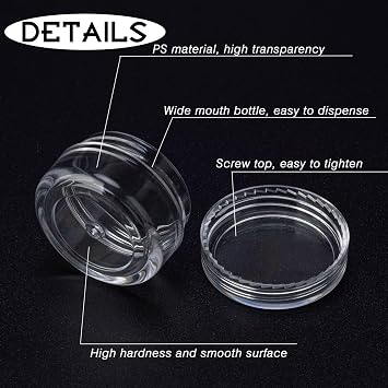 50 Count 5 Gram Sample Containers, Clear Lip Balm Containers with Lids, Small Plastic Sample Jars with 4 Mini Spoons, 50pcs Labels (Clear Lid)