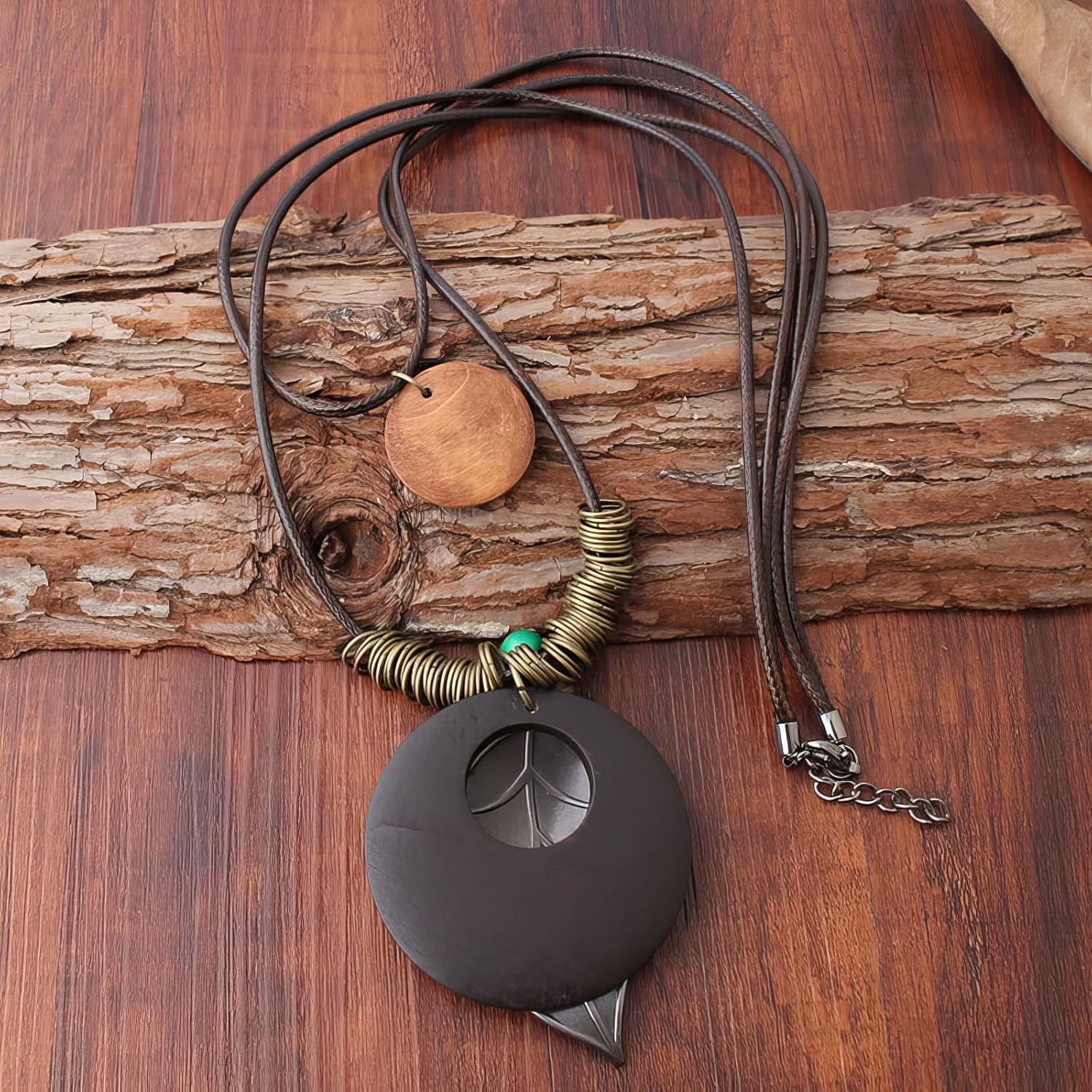 color cosplayer Leather Cord Necklace Vintage Style Wooden Leaf Boho Statement Long Necklace for Women Handmade Jewelry - Image 5