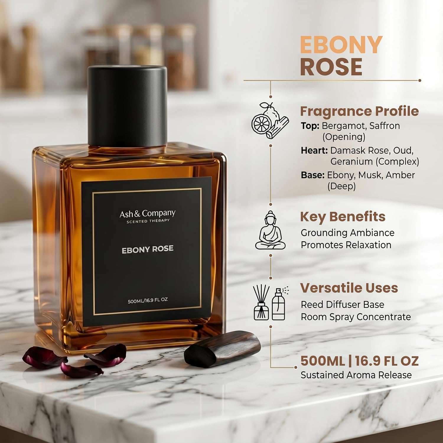 Ebony Rose, All in One Refillable 500ml Essential Oil Scent Diffuser. Wireless, Rechargeable, Hints of Bergamot, Pear, Oud Wood, White Jasmine, Amber. Kid & Pet Safe. Silent, All Natural, Non GMO. image 2
