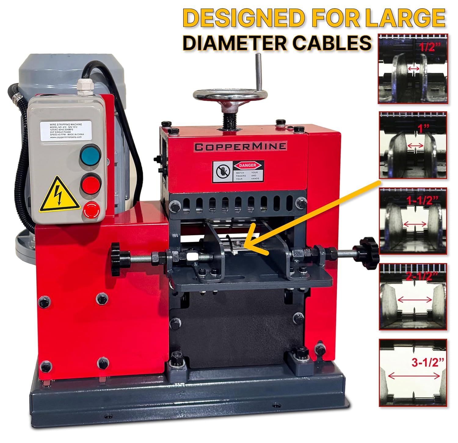 CopperMine Electric 2HP Large Cable Wire Stripper Stripping Machine for Cables up to 3-1/2"in Diameter, Powered Table Top Copper Wire Stripping Machine, Heavy Duty Wire Stripper
