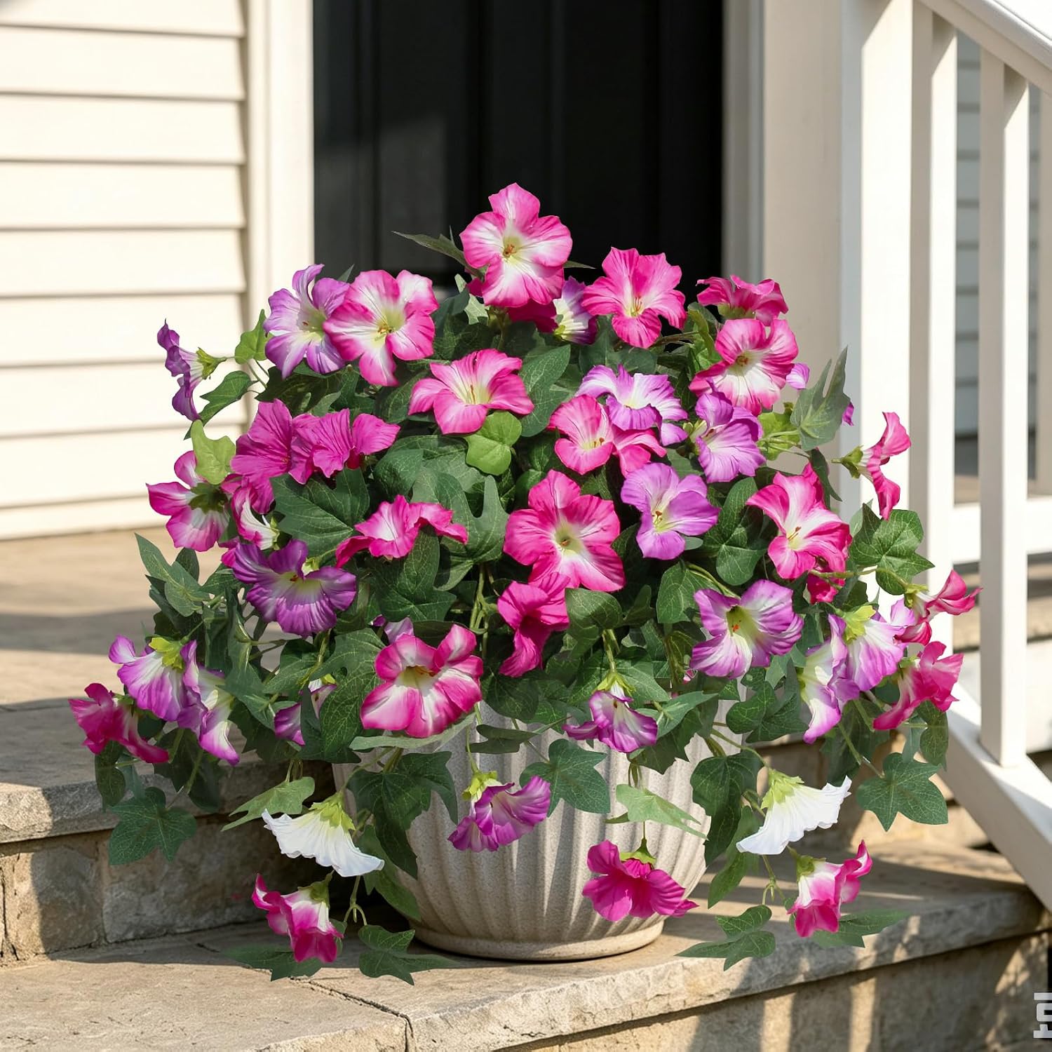 Artificial Fake Flowers Plants for Outdoor, 2PCS Fuchsia White | UV Resistant Silk Faux Petunias No Fade Summer for Outside Planter Front Door Porch Yard Patio Balcony Realistic Decoration