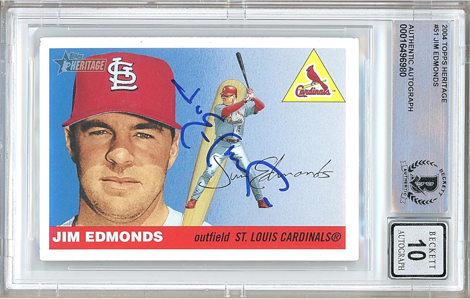 Jim Edmonds Autographed 2004 Topps Heritage #246 Baseball Trading Card Slab Beckett BGS Graded Auto-10 Authentic Slabbed COA Played For St Louis Cardinals MLB