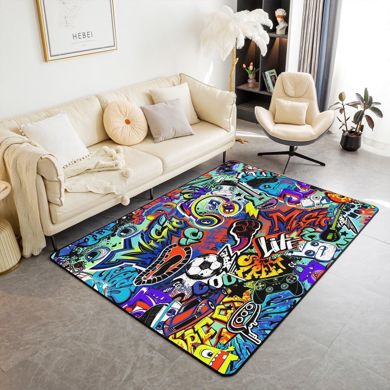 Kids Hippie Graffiti Style Living Room Rugs Area Rug 5×7 Hip Hop Decor Decorative Carpet for Boys Girls Graffiti Graphic Indoor Floor Mat Street Culture Accent Rug Music Living Room Rugs