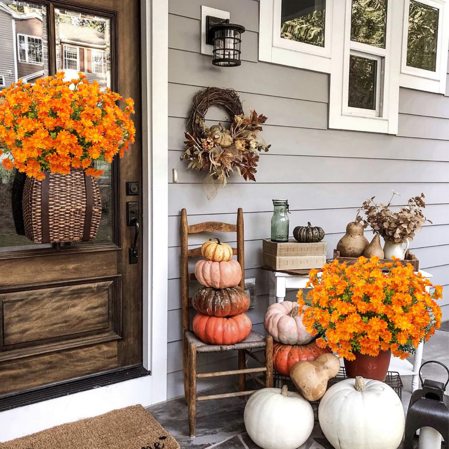16 Bundles Artificial Mums for Outdoors Fake Fall Flowers UV Resistant Faux Silk Daisy Plastic Greenery Plants Bulk for Home Outside Porch Garden Balcony Planter Pots Autumn Decor(Fall Orange) image 5