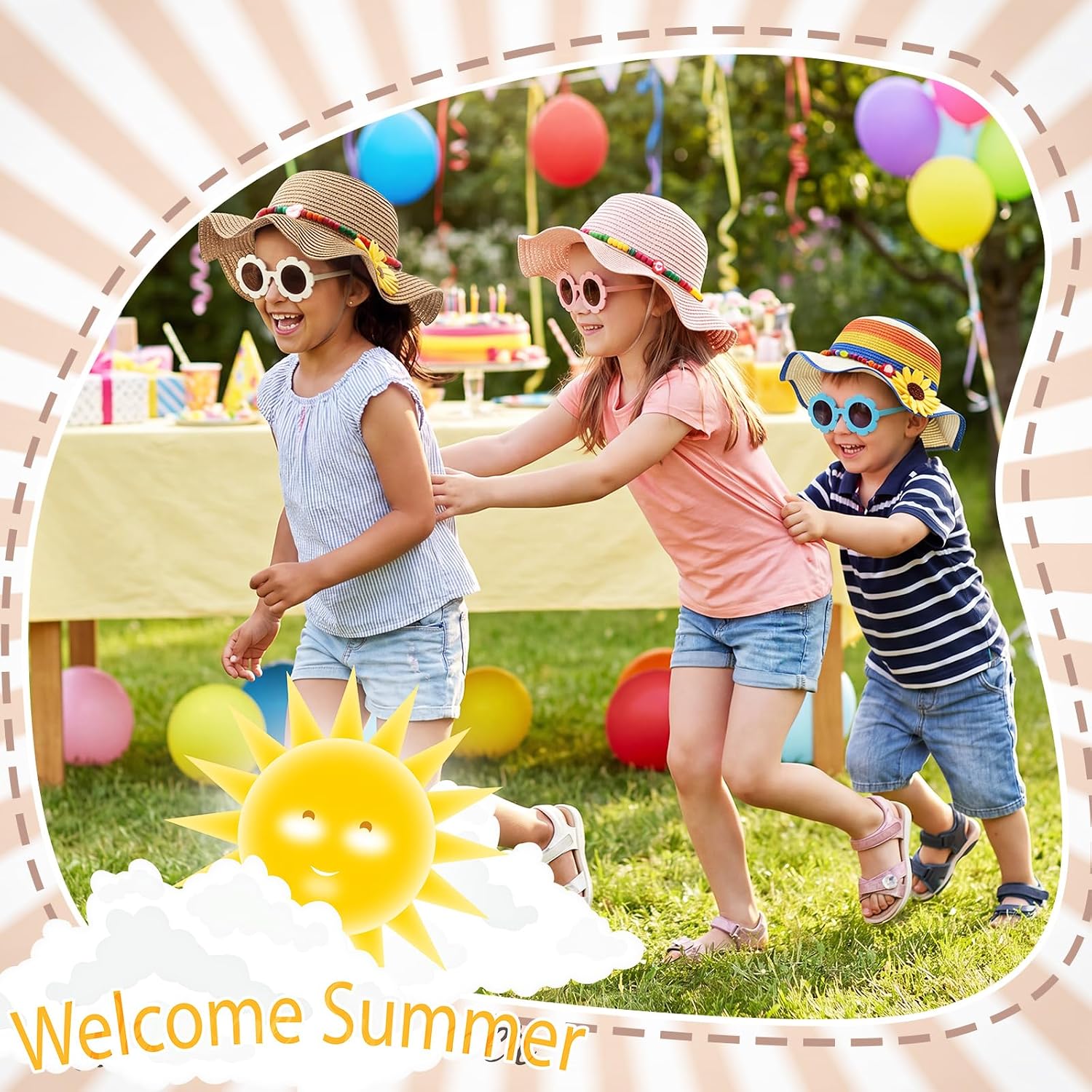 Jecery Girls Straw Sun Hat with Flower Sunglasses, Kids Summer Beach Floppy Cap Fits Head 50-52 cm, Toddlers Ages 2-6