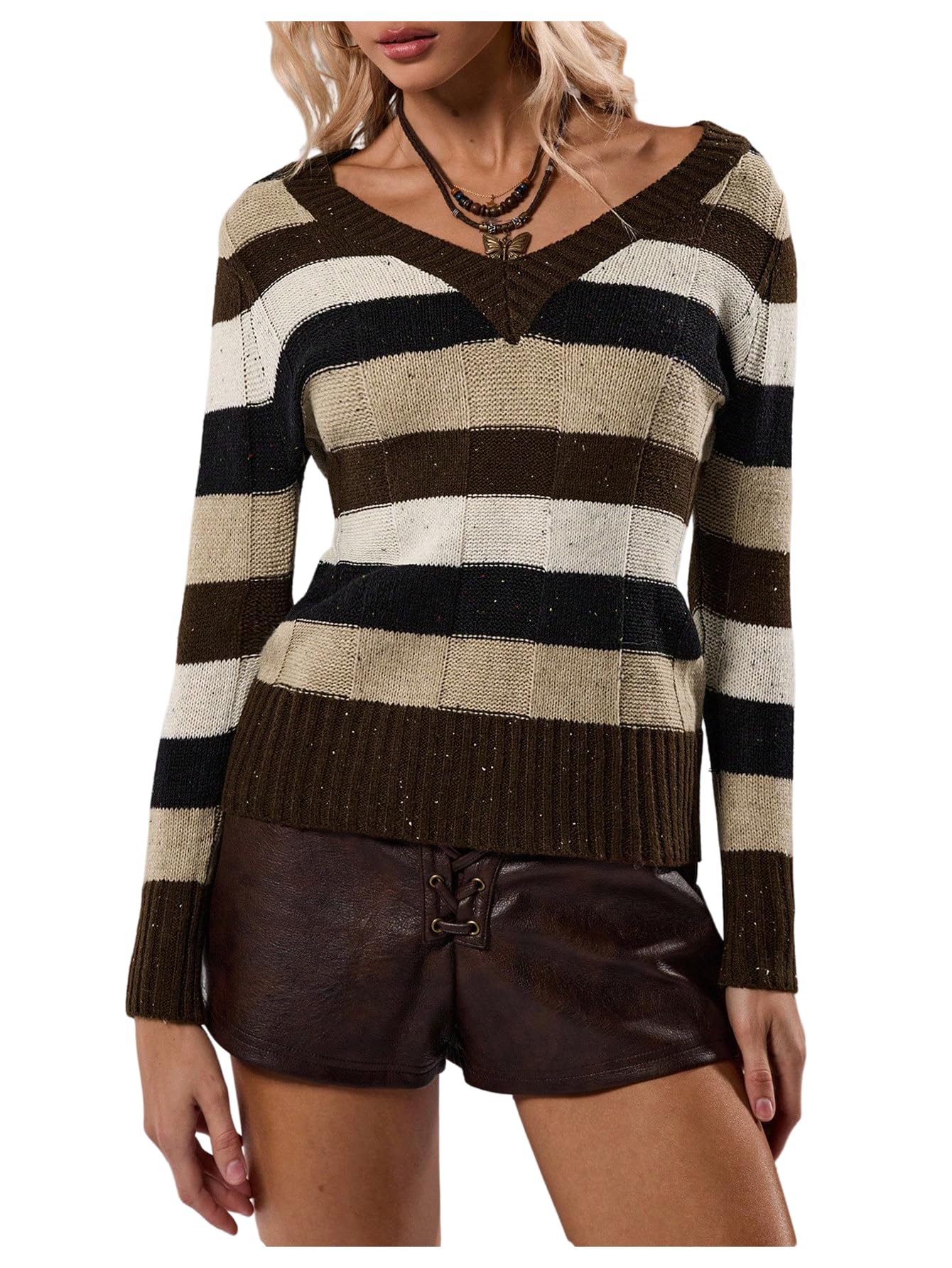 MakeMeChic Womens Striped Sweater Color Block V Neck Long Sleeve Knit Pullovers