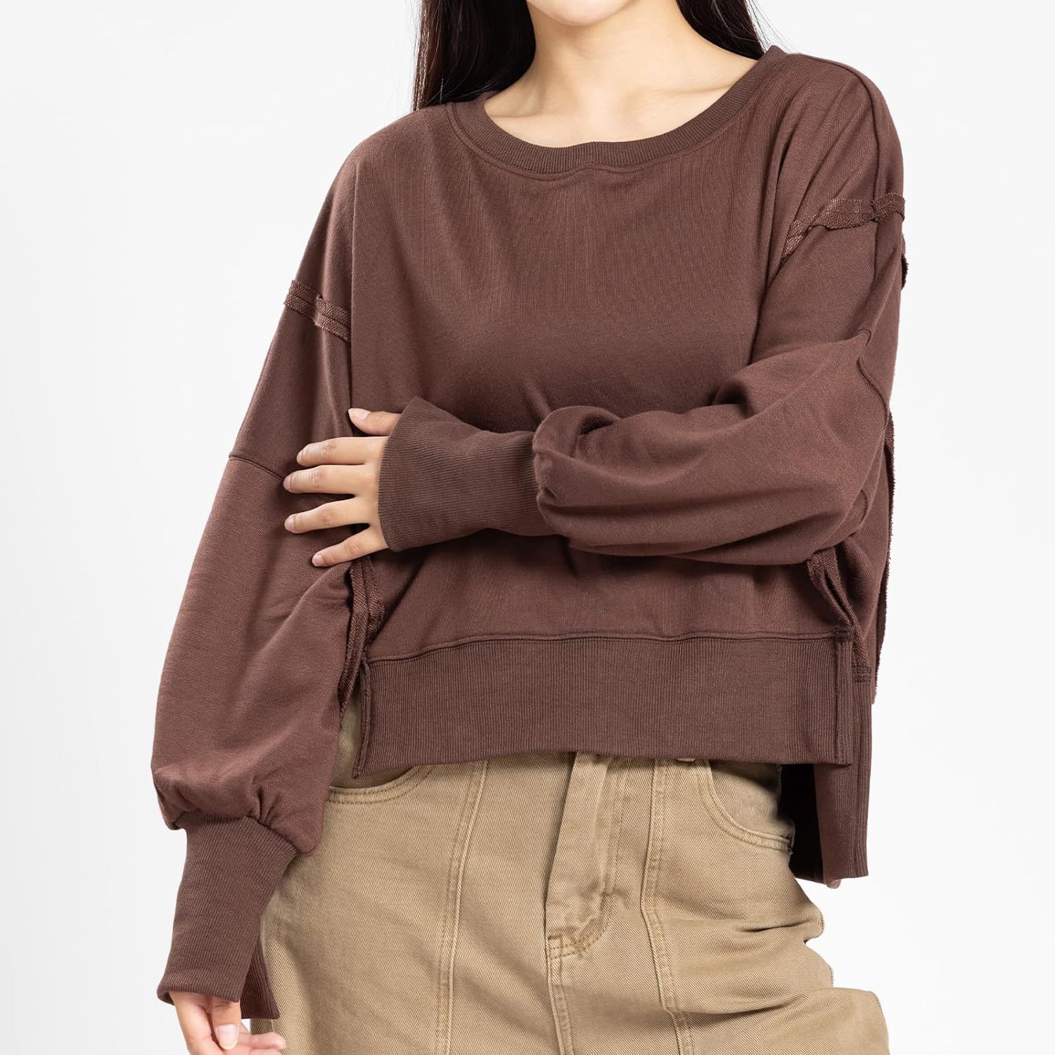 Womens Crewneck Sweatshirts Cropped Long Sleeve Tops Oversize Loose Fit Tee Side Slit Pullover Tshirt - Image 2