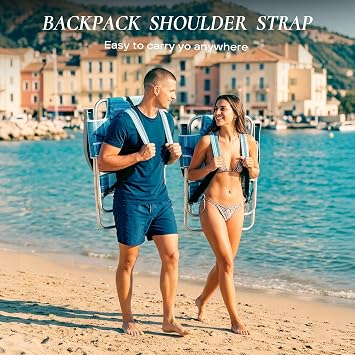 Backpack Beach Chairs for Adults Set of 2, Low Reclining Beach Chair, Portable Camping Chair Lightweight with Headrest, 5-Position Flat Adjustable Lounger, Cooler Bag, Drink Holder