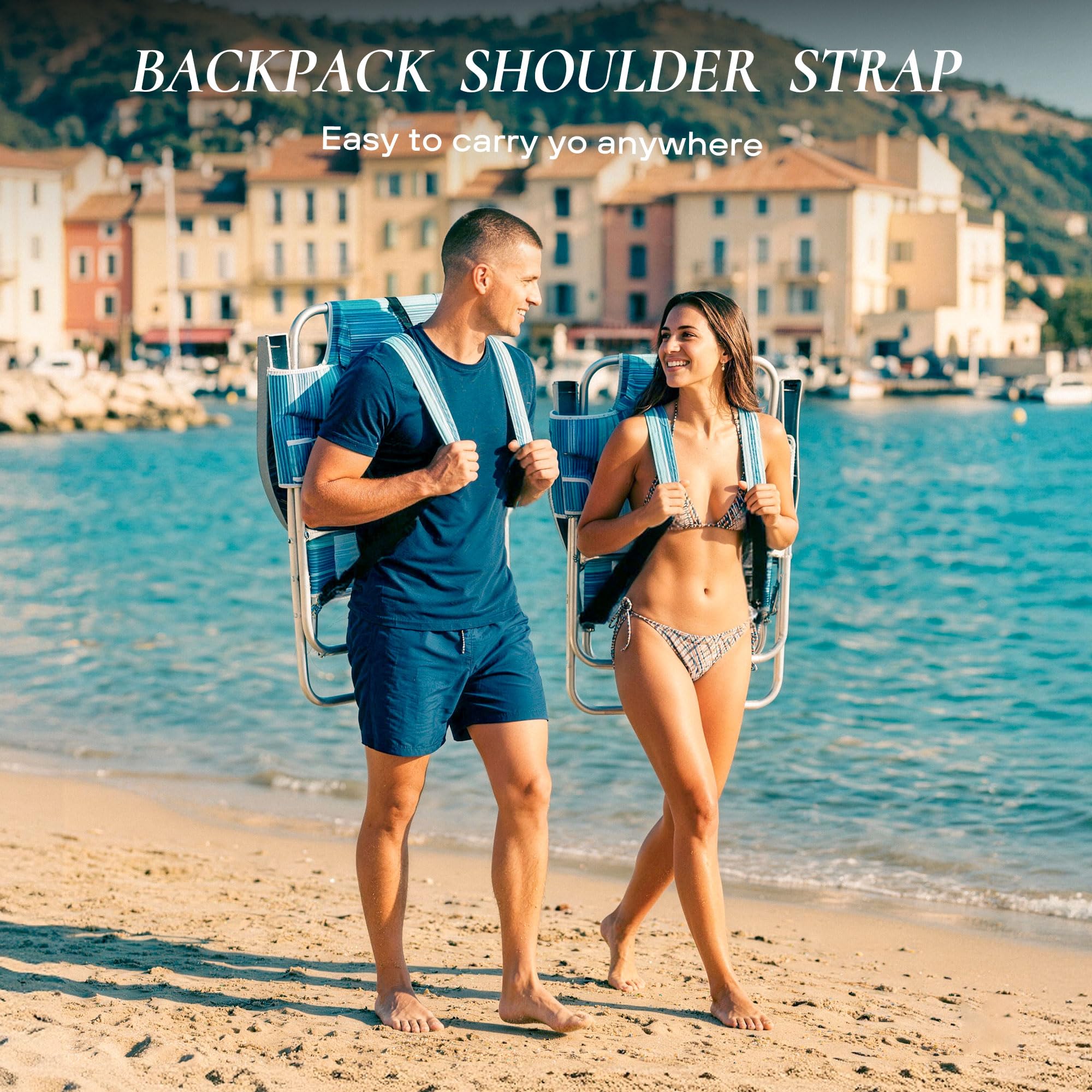 Strandstuhl Klappbar mit Hoher Sitzhöhe, Tragbarer Faltbarer Rucksack-Campingstuhl, 5-Fach Verstellbar, mit Kühltasche und Getränkehalter für Outdoor Blau