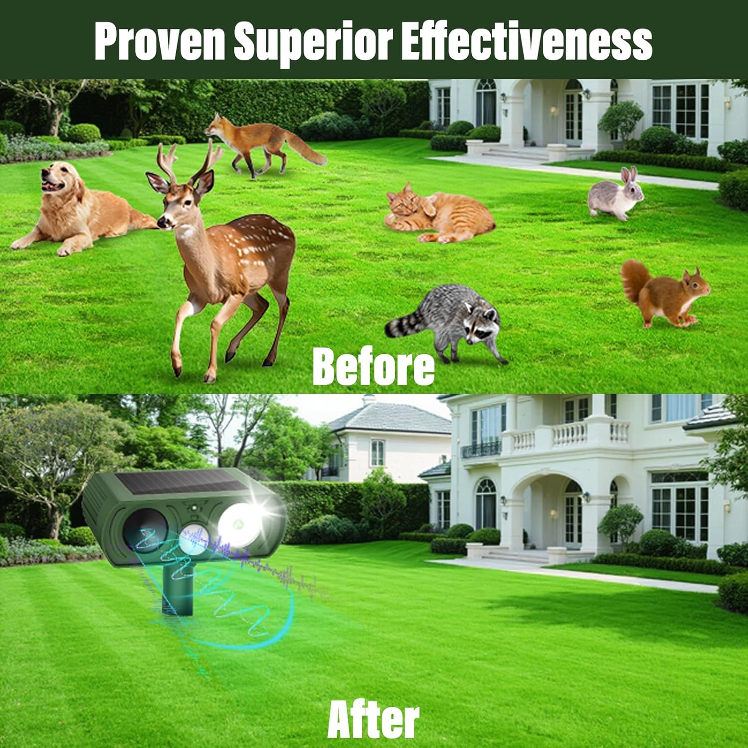 Solar Ultrasonic Animal Repellent, Deer Repellent Devices Waterproof, Cat Repellent Outdoor with Motion Detection Squirrel Skunk Rabbit Dog Raccoon Deterrents Animal Repeller for Orchard, 2PCS