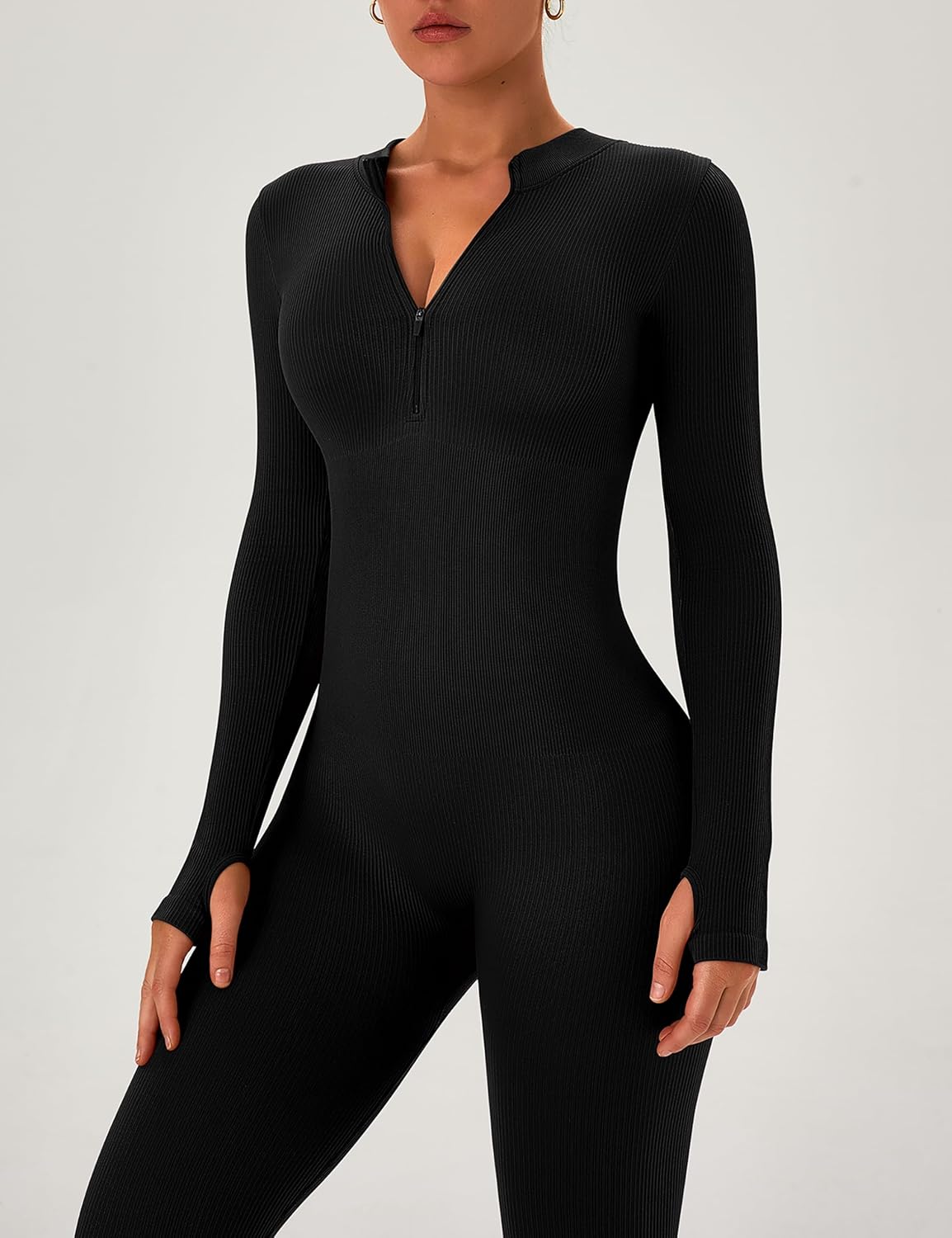 OLCHEE Womens Long Sleeve Workout Jumpsuit Seamless Ribbed Tummy Control Yoga Bodycon Zip Up One Piece Unitard Sculpt Rompers - Image 5