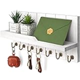 Rebee Vision Decorative Key and Mail Holder for Wall - Farmhouse 15 Inches Floating Shelf with 7 Sturdy Key Hooks for Home Entryway Wall Decor - Rustic Key Racks (White,15-inch)