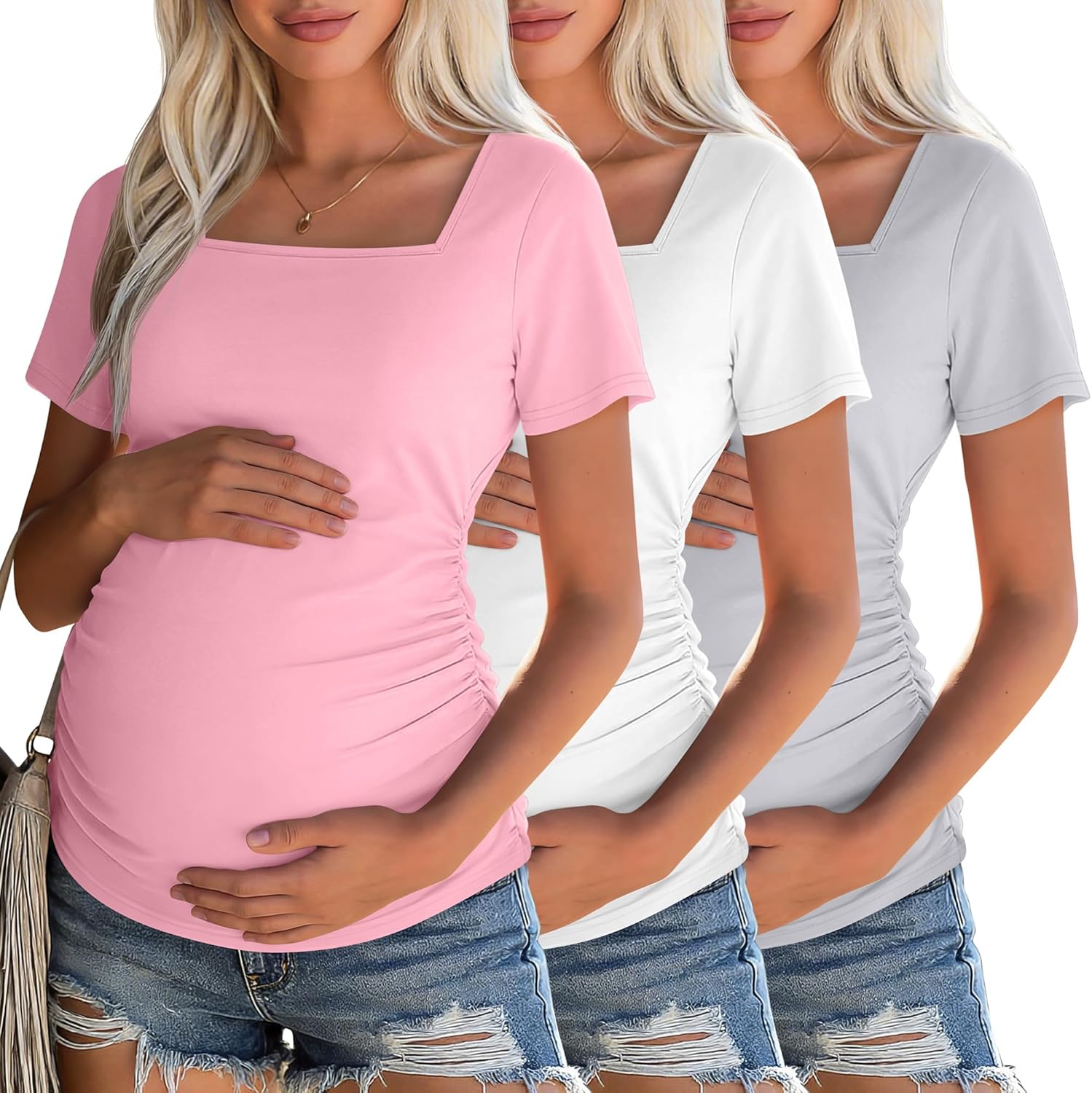 3 Pack Women's Maternity Shirts Square Neck Side Ruched Short Sleeve Maternity Tops Casual Knitted Pregnancy Tees
