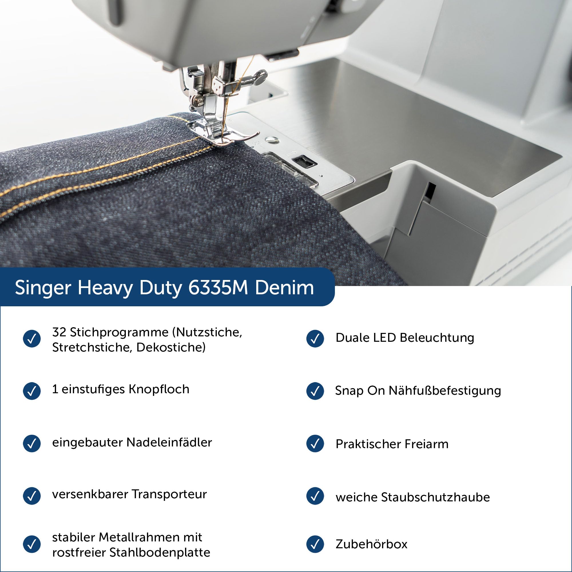 Singer Heavy Duty 6335M Denim | 32 Stichprogramme, Metallrahmen, Freiarm, LED-Beleuchtung, Nadeleinfädler
