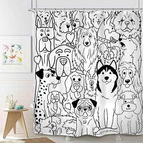 SVBright Divertida cortina de ducha con diseño de perro, 72 pulgadas de ancho x 72 pulgadas de largo, diseño de dibujos animados en blanco y negro,