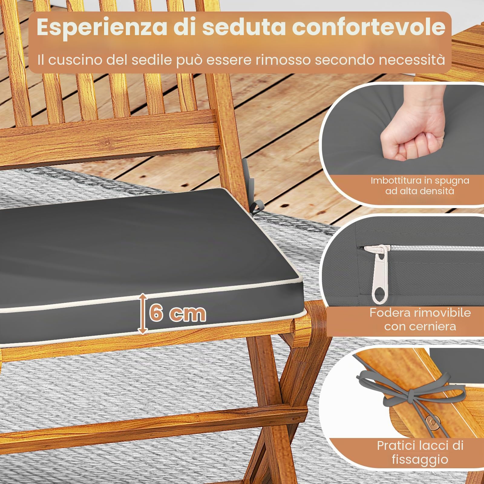 GIANTEX Set da Giardino 2 Posti in Legno di Acacia, Tavolo da Giardino Esterno con Sedia Pieghevole, 2 Cuscini Rimovibili, per Terrazza, Balcone, Bistrot (Grigio + Naturale)