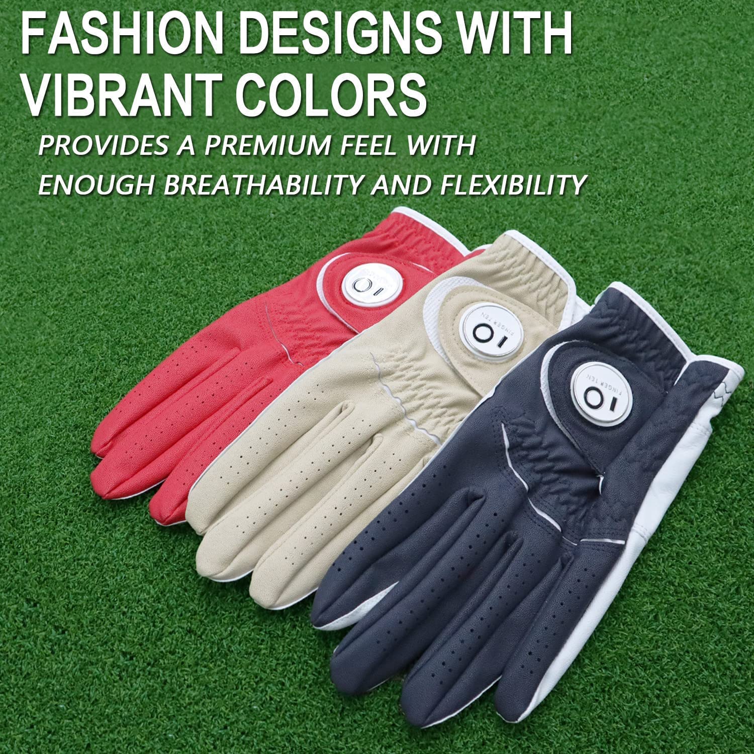 FINGER TEN Guanto da Golf per Uomo Mano in Pelle Cabretta 1 Pezzo,con Ball Marker Guanti da Golf Weathersof Morbida Confortevole