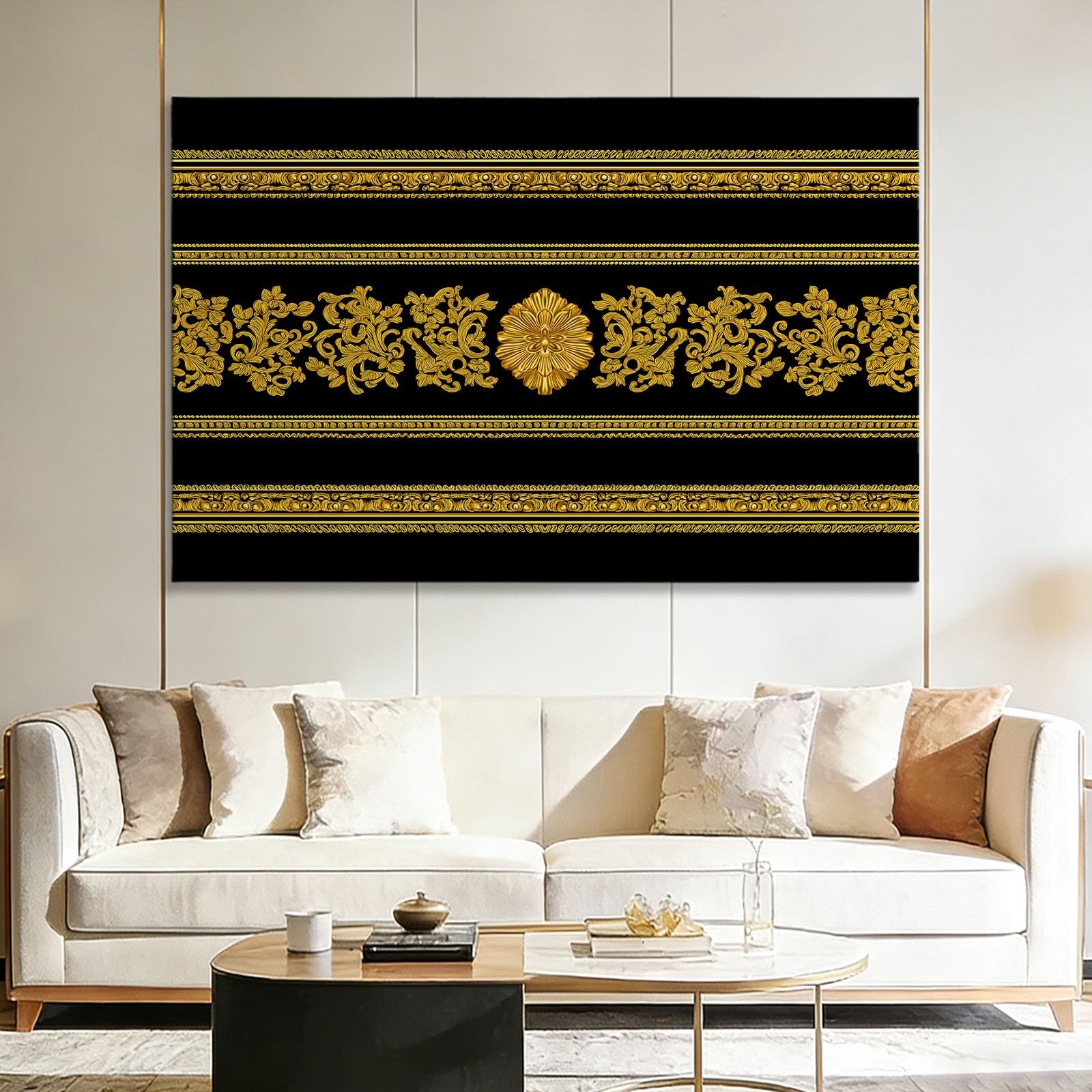 Genérico Lienzo Decorativo con Marco Madera flores a rayas doradas 70x50cm Laminas Cuadro para Pared, Decoracion Habitacion y Salon Dormitorios, Cuadros para Hogar