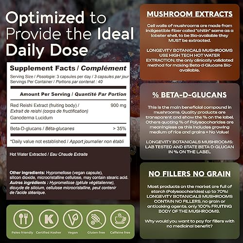 Miniatura 9 de Suplemento orgánico de cápsulas de hongos Reishi (120)  Extracto de alta resistencia 101 de cuerpo fructífero puro  30% de glucanos beta-D  9,000 mg