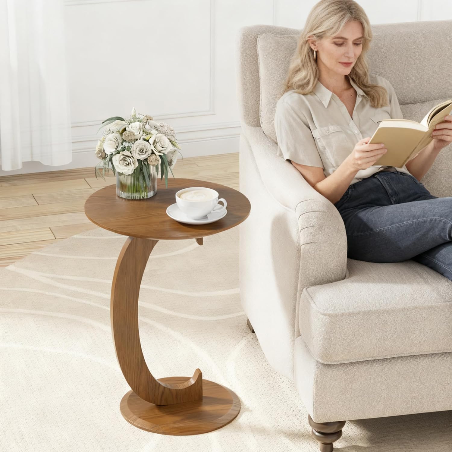 Aoligrace Modern Round Side Table, C Shaped End Table for Couch, Unique Accent Tables for Living Room, Walnut Bedside Table for Small Spaces, Bedroom, Corner Walnut-c