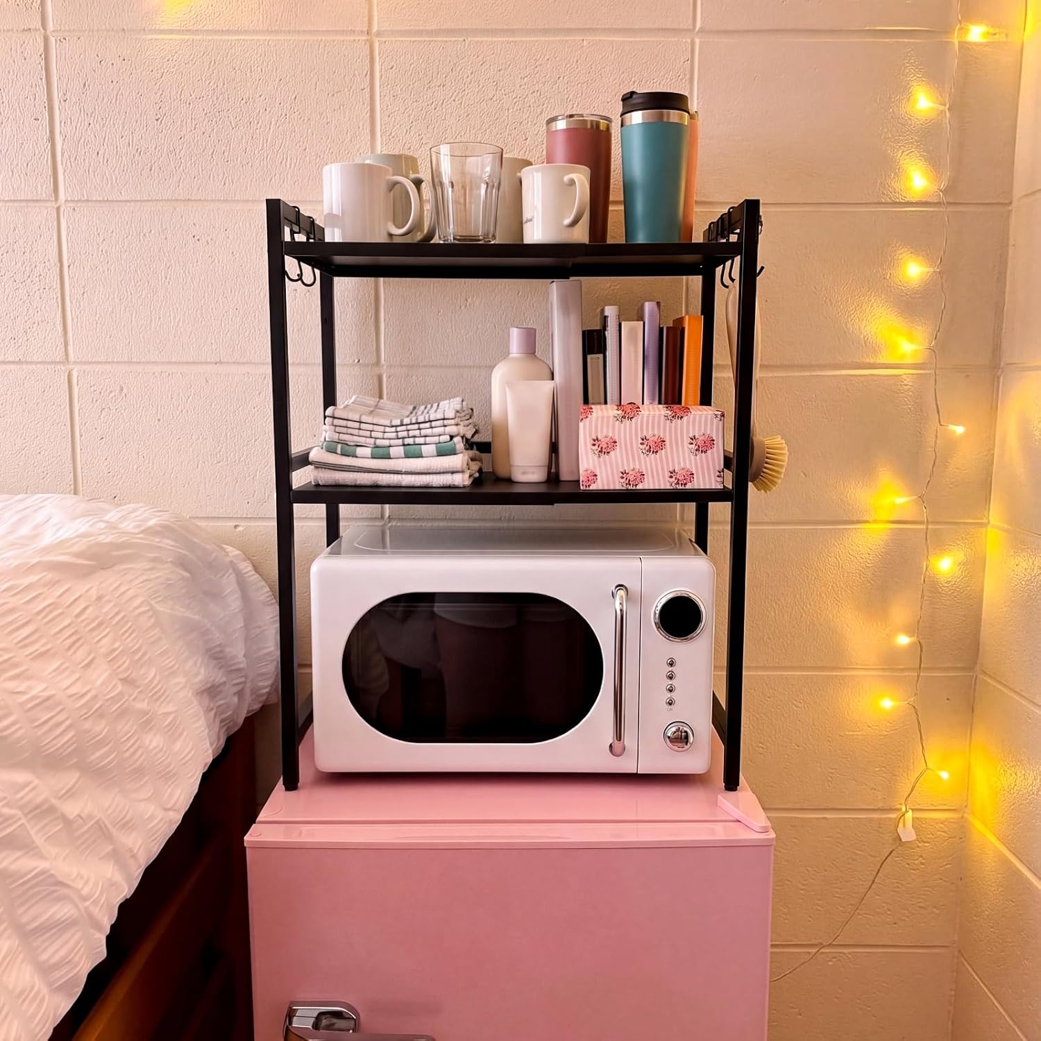 Geetery Expandable 2 Tier Mini Fridge Stand with Storage for Dorm Microwave Stand Over Mini Fridge Storage Shelf 15"-26" Kitchen Countertop Organizer with 6 Hooks College Rooms Kitchen