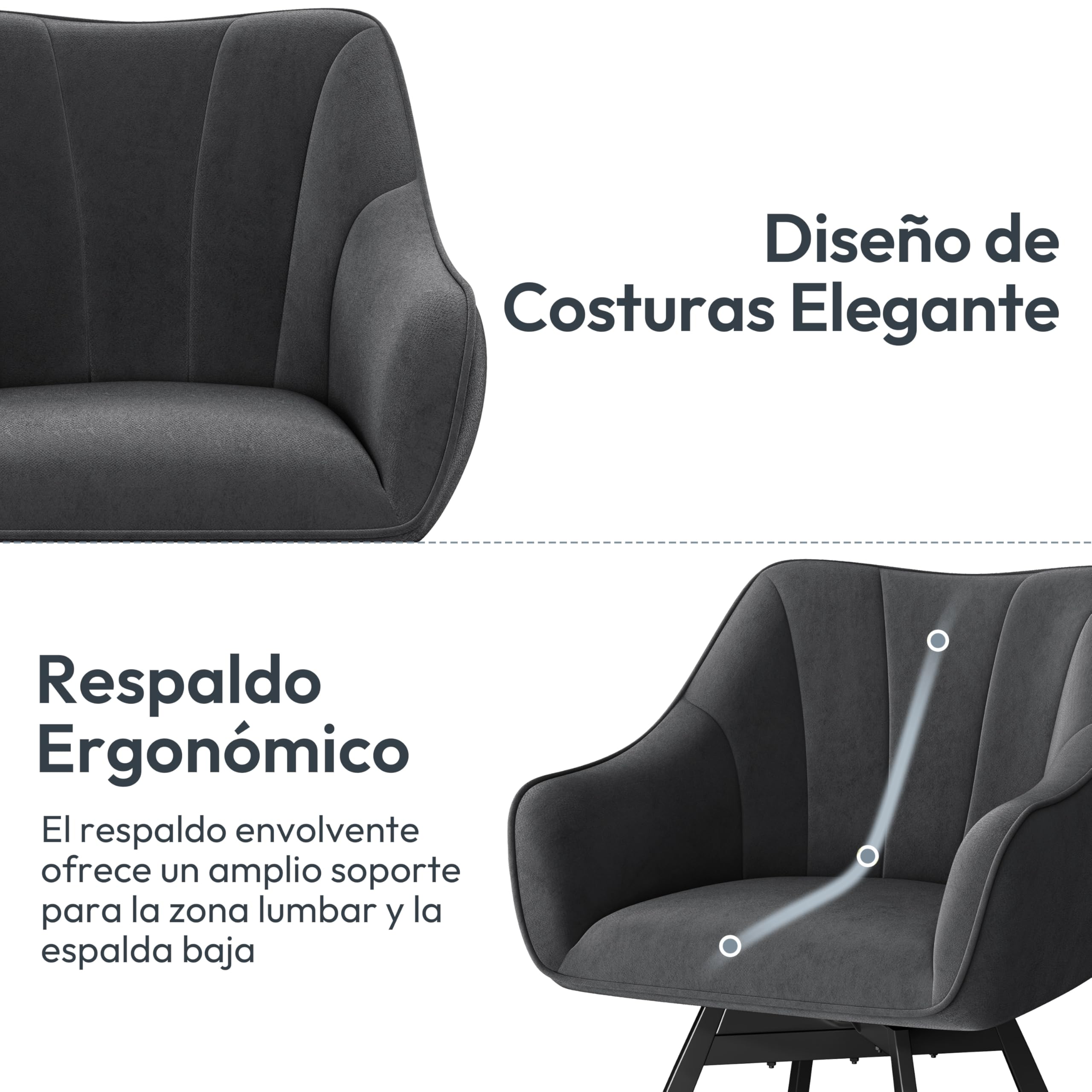 Yaheetech Silla de Comedor Giratoria con Reposabrazos Respaldo Sillón Auxiliar Moderno de Terciopelo con Patas Metálicas Asiento Giratorio para Cocina Salón (1, Gris Oscuro)