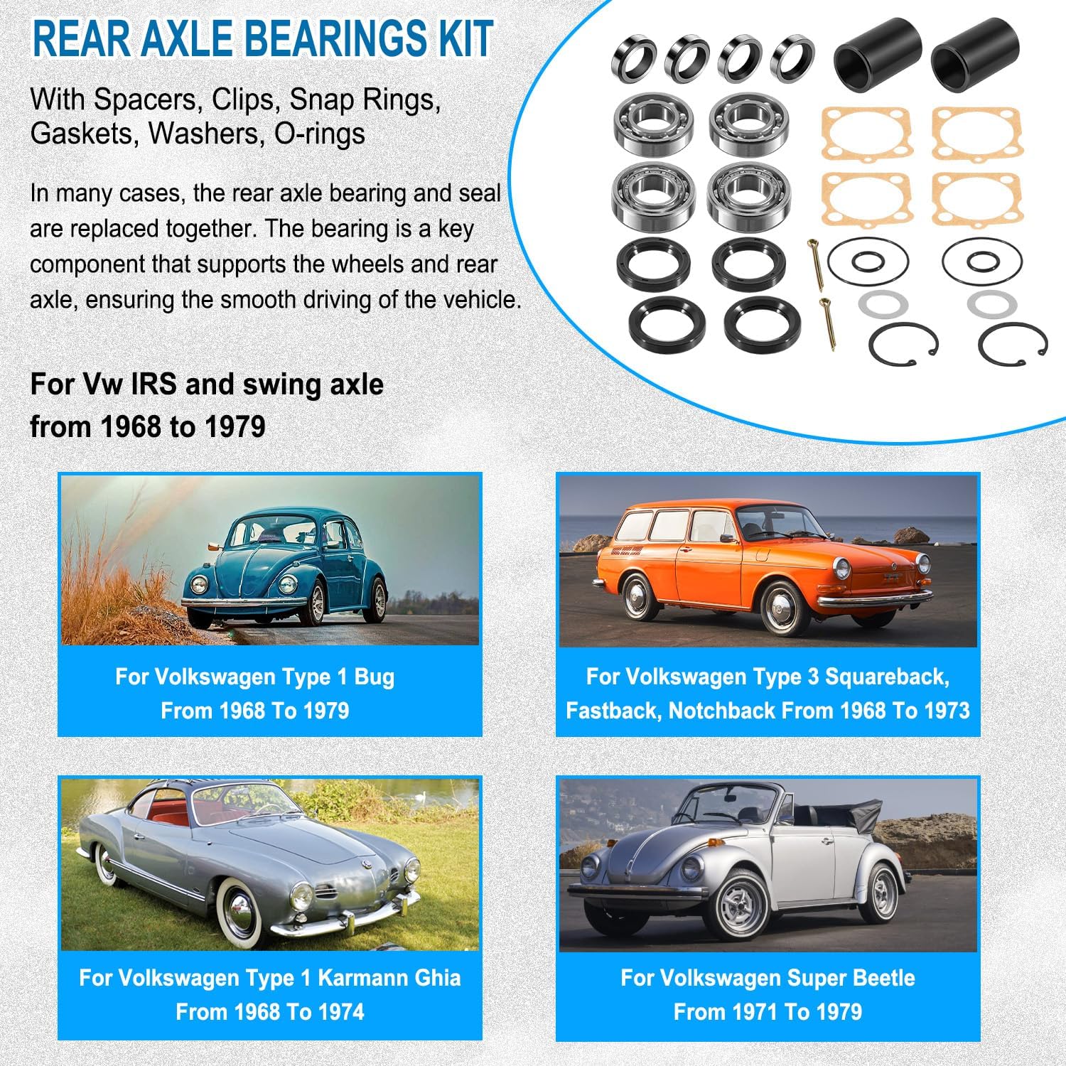 Rear Axle Bearings Seals Kit with Spacers, Clips, Snap Rings, Gaskets for Vw Type 1 Bug Karmann GHIA, for Volkswagen Type 3 Squareback Fastback Notchback Beetle IRS Axles, for 1968-1979