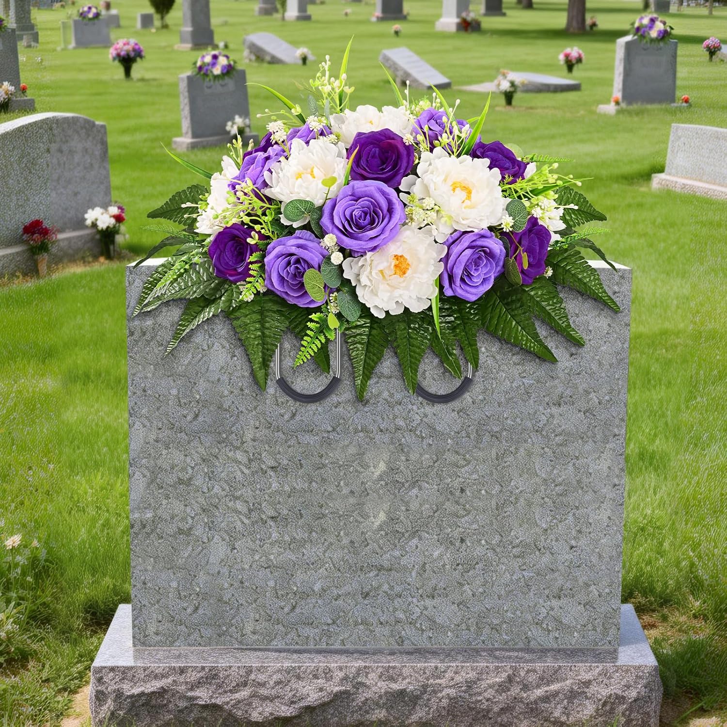 Yastouay Headstone Flower Saddle, Artificial Cemetery Flowers for Grave, Realistic Memorial Day Flowers with Peony Rose, UV Resistant Grave Decorations for Cemetery, Easter Mother’s Day (Purple)