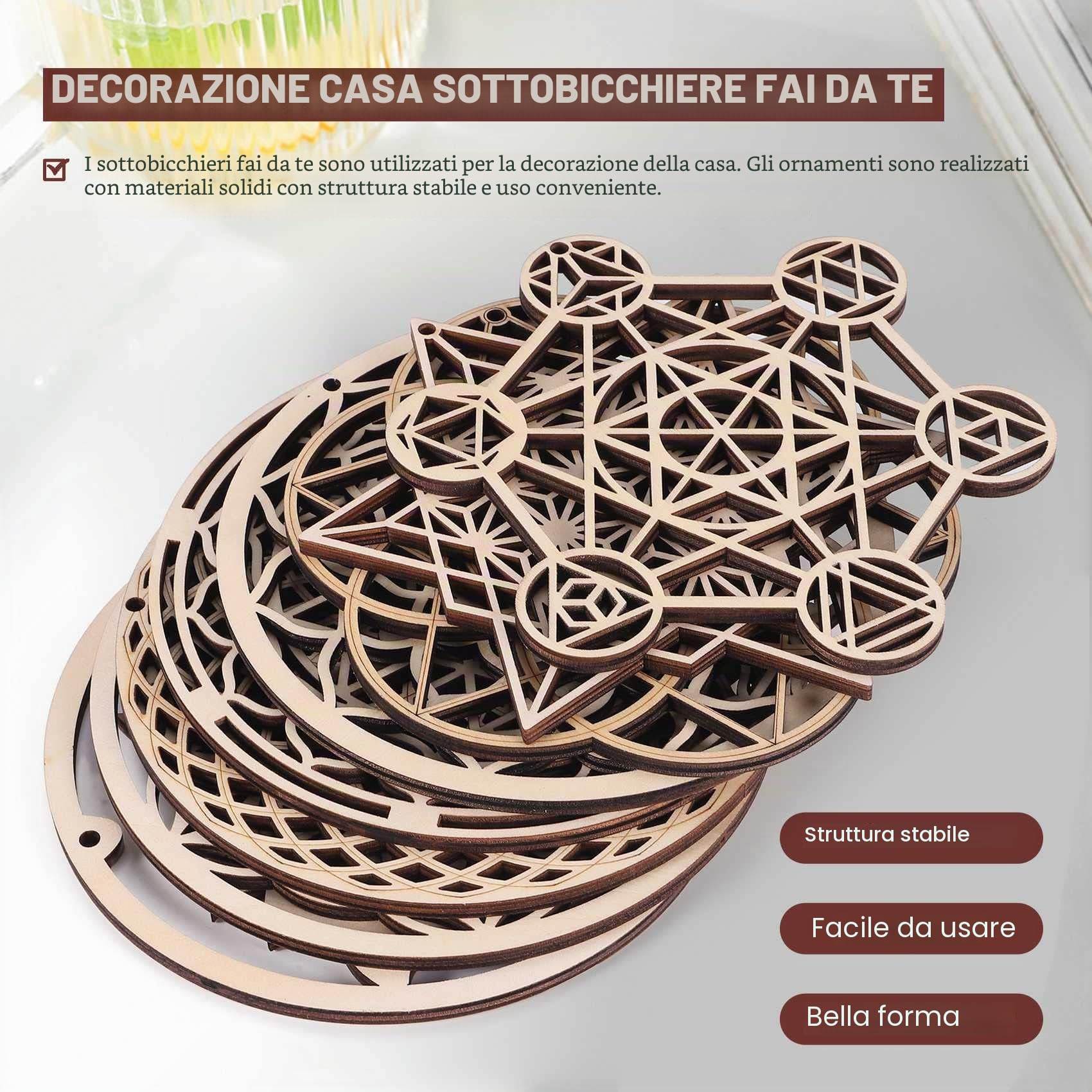 8Pcs DIY Fiore della Vita sottobicchieri in Legno, Mandala Sottobicchieri per Bevande, Geometria Sacra Scultura Wall Arte Dipinti Murali per Yoga Purificazione Meditazione Luminoterapia(14cm)
