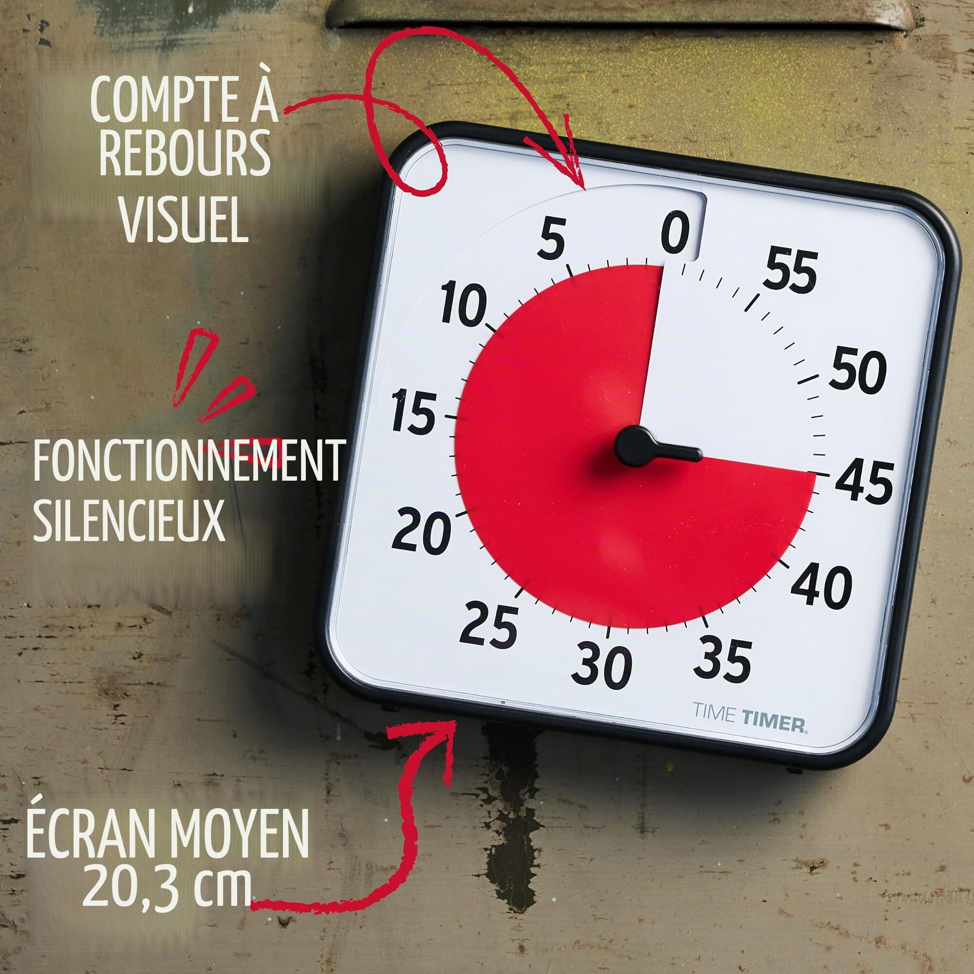 Time Timer Original Medium 19x19cm - Minuterie Visuelle de 60 Minutes Magnétique - Compte à rebours de la Salle de Classe ou de la réunion pour Enfants et Adultes (Noir) TT08B-W