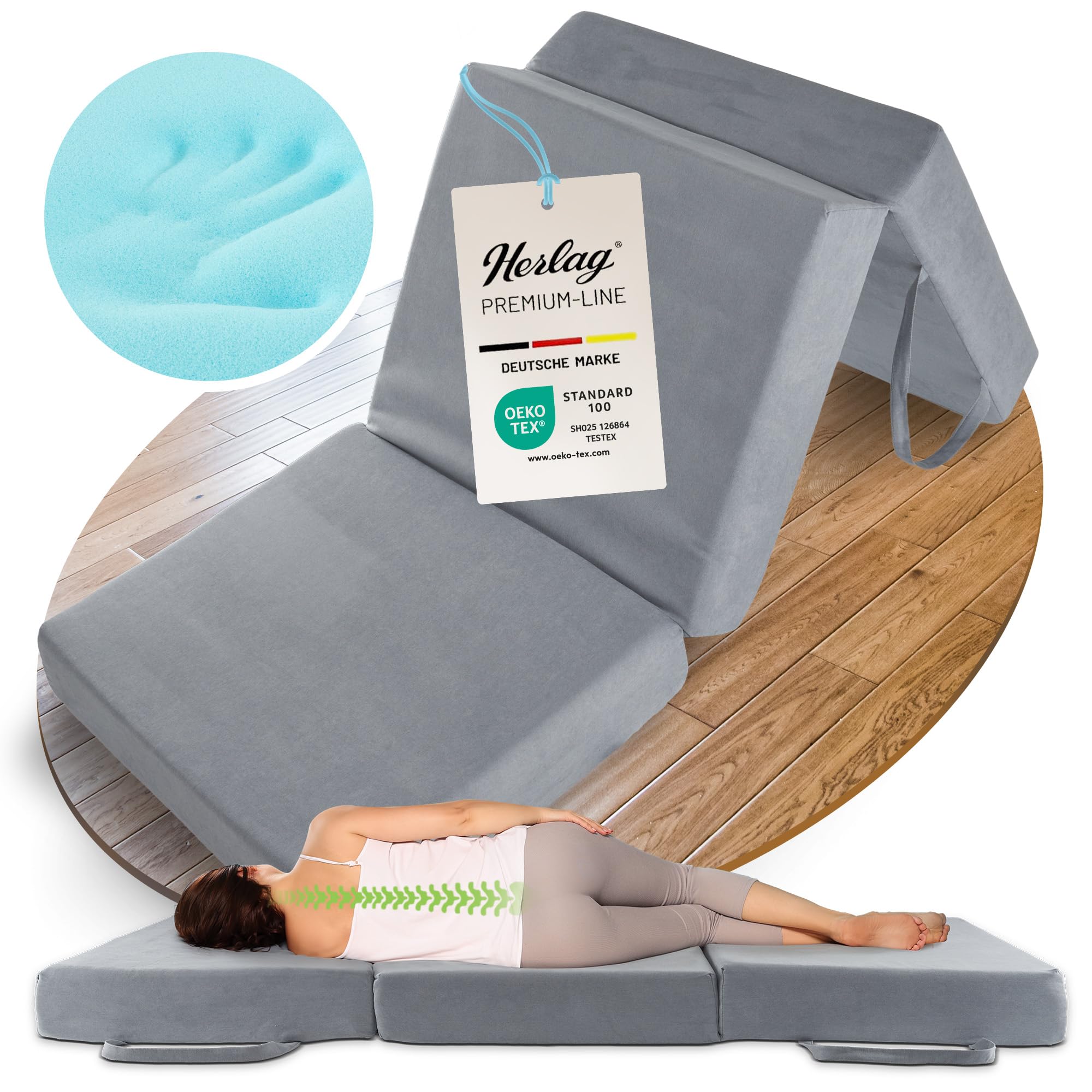 Herlag Orthopädische Klappmatratze 195x75x14cm - Extra Dickes Gästebett 14 cm hoch - Faltmatratze Härtegrad H3 Deluxe-Komfort Visco-Schaum - Faltbare Gästematratze 3-teilig - Bezug waschbar - Grau