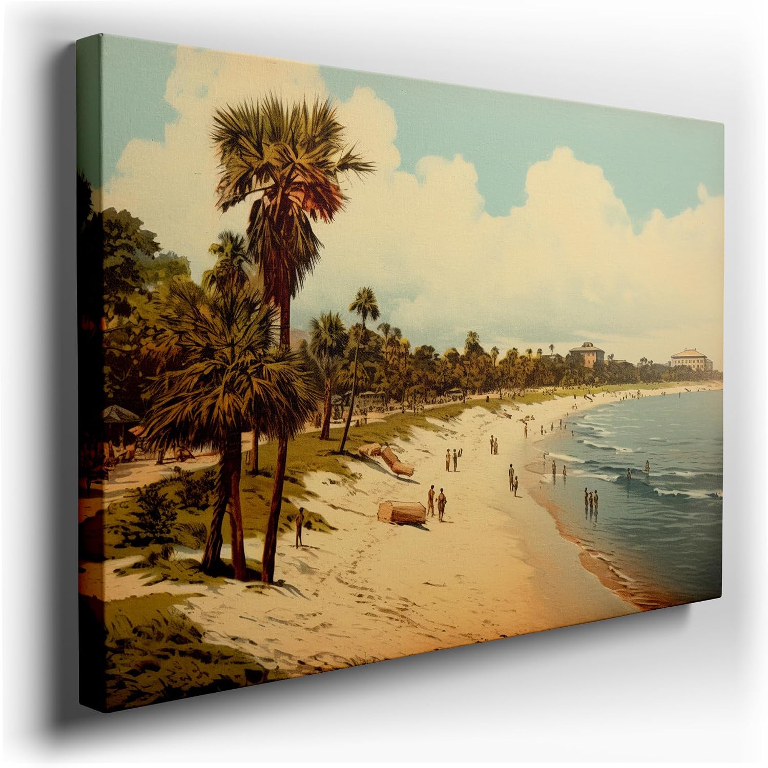 Canvas for Living room. Sun-Kissed Serenity: A Tapestry of Tropical Bliss and Bustling Beach Life, 27 x 18 inch Canvas Wall Art - Contemporary Masterpieces - Botanical Home Decor